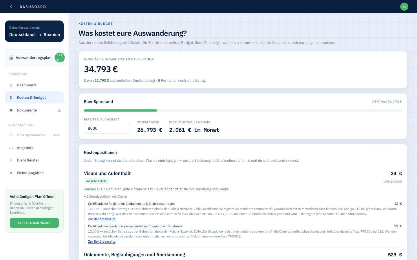 Das Kosten-Cockpit: Gesamtkosten, davon amtlich belegter Anteil, Sparstand und eine aufgeklappte Gebühr mit Herleitung und Link zur Behörde
